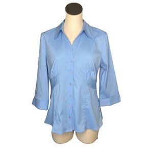 Fred David Petite L Blue Button Up Shirt Blouse 3/4 Knotched Sleeves Top Career